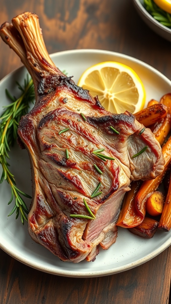 Air fryer lamb leg steak garnished with rosemary and lemon, served with roasted vegetables.